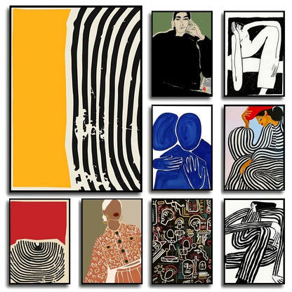Set of nine modern graphic abstract art prints in black white with yellow red and blue on kraft club bar paper wall art