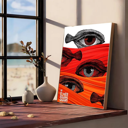 A framed modern graphic canvas print of stylized black eyes on red orange gradient for bedroom or study wall art