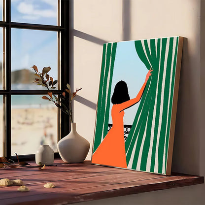 A vibrant modern graphic canvas print of a woman in an orange dress with green striped curtains for wall art