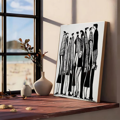 Black-and-white modern graphic illustrated canvas poster with stylized figures in varied attire framed in light wood