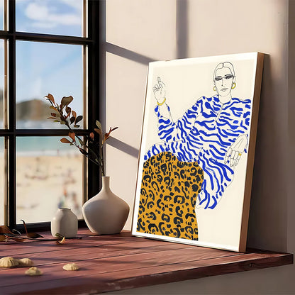 Illustrated blue and yellow zebra-striped and leopard-print portrait in wooden frame modern graphic vintage wall art poster
