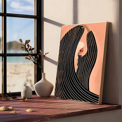 A modern graphic abstract canvas painting with bold black and white stripes red accent on peach background wall art poster