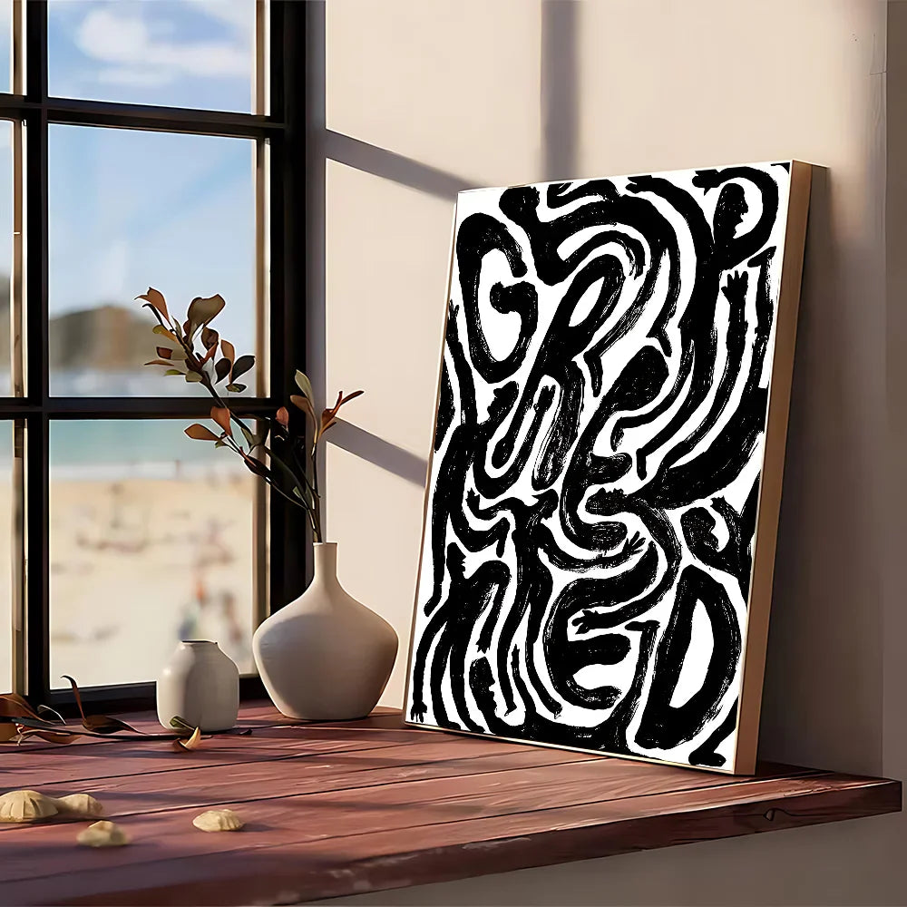 Black and white abstract modern graphic canvas art with bold swirling lettering on kraft club bar paper for wall decor