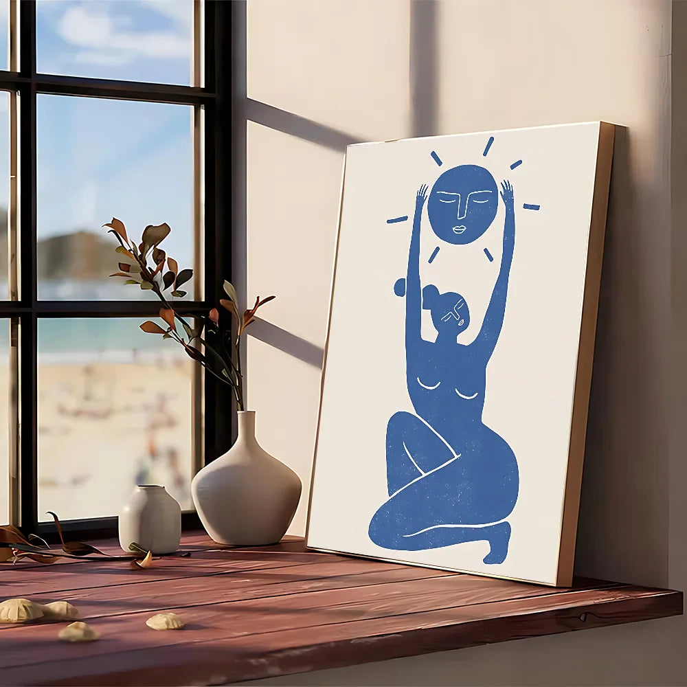 Blue minimalist modern graphic canvas art depicting a stylized figure embracing the sun for wall decoration