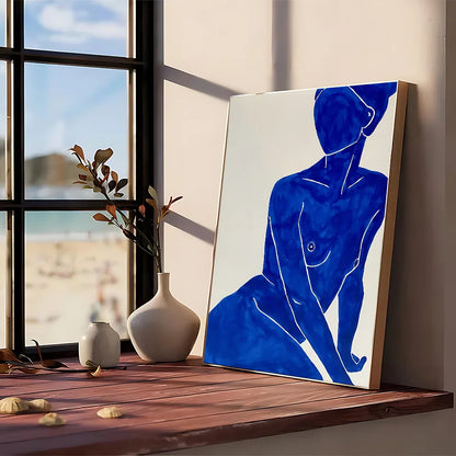 Blue abstract figure modern graphic painting with thin black outlines on white canvas for vintage wall art decor