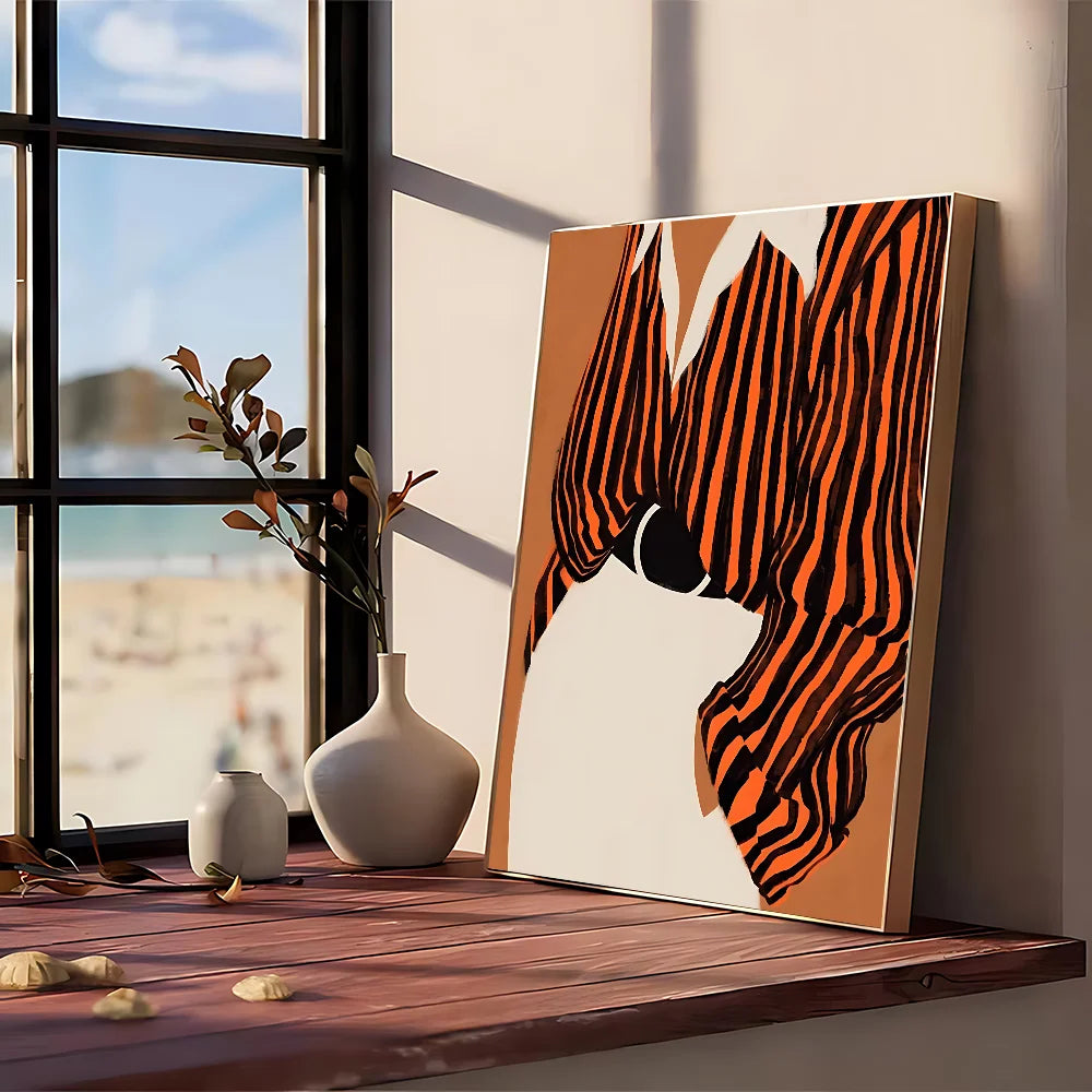 A modern graphic Gambar Abstrak Lind poster featuring bold orange and black stripes on cream kraft club paper