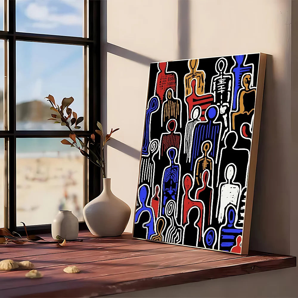 Vibrant modern graphic abstract canvas poster with stylized red blue and white human figures on black kraft paper
