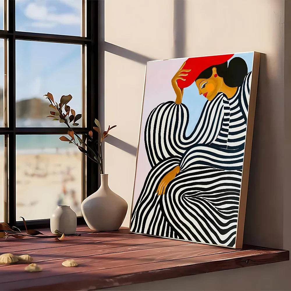A modern graphic vibrant abstract painting poster featuring a stylized woman with black white stripes holding a red hat