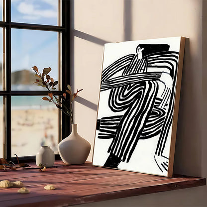 Black and white abstract canvas painting with bold flowing lines depicting a stylized figure modern graphic wall art