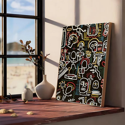 Vibrant black canvas modern graphic painting with stylized skulls and abstract symbols in bold colorful outlines
