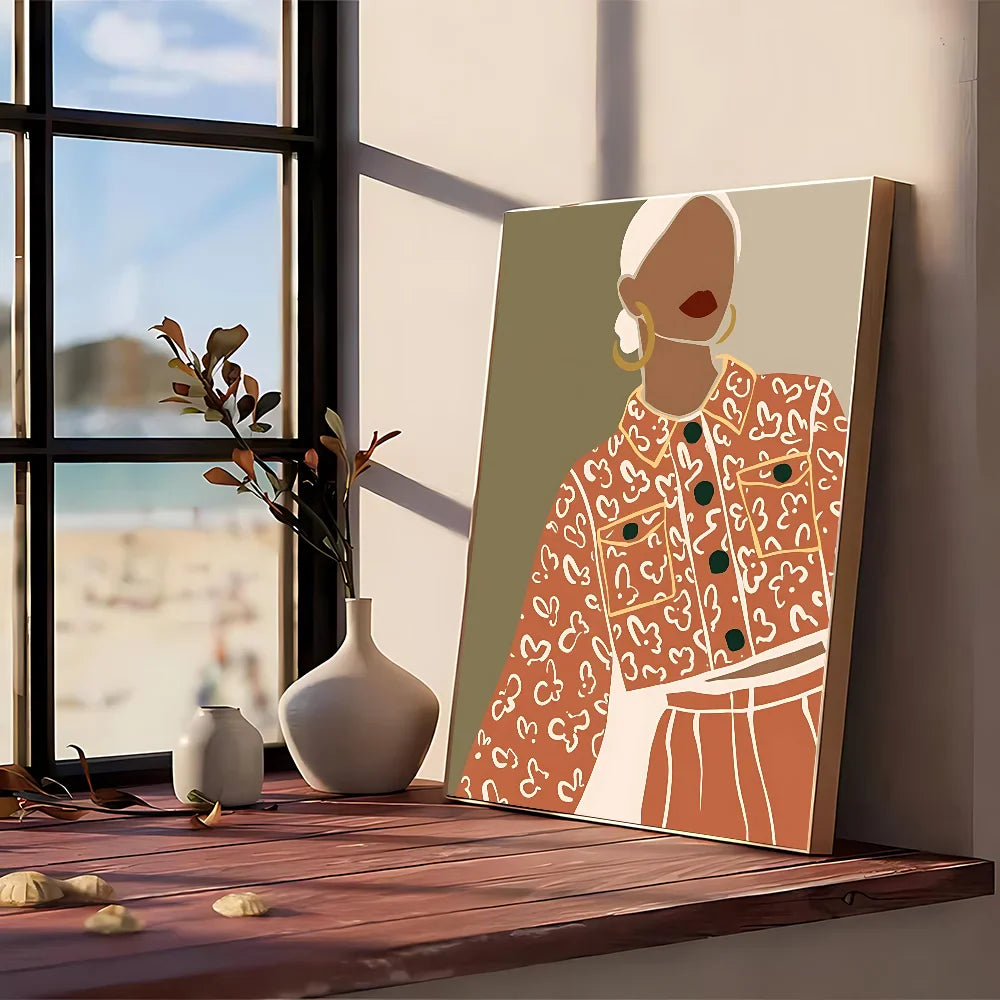 A modern graphic canvas print of a woman in an orange patterned jacket on muted olive for vintage wall art