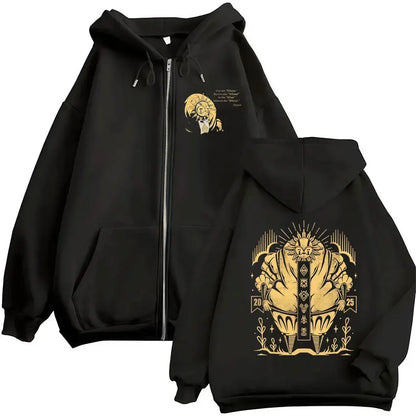 Black zip up jacket hoody unisex featuring bold gold lion graphic prints in game esquie clair vintage sweatshirt high quality fleece