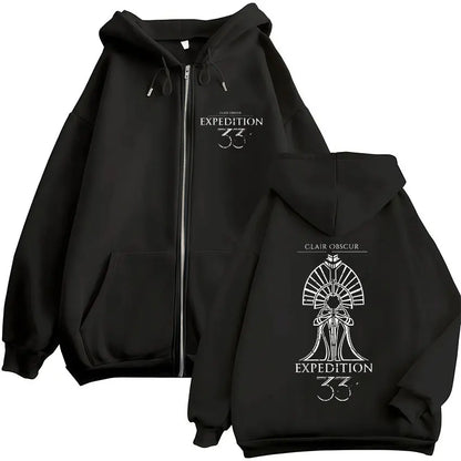 Black zip up fleece jacket hoody unisex with white clair obscur expedition 33 branding and graphic on back side