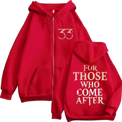 Red game esquie clair jacket hoody unisex with white 33 logo front and for those who come after print back sweatshirt high quality fleece