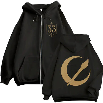 Black game esquie clair zip up jacket hoody unisex with gold foil graphics and high quality fleece sweatshirt material