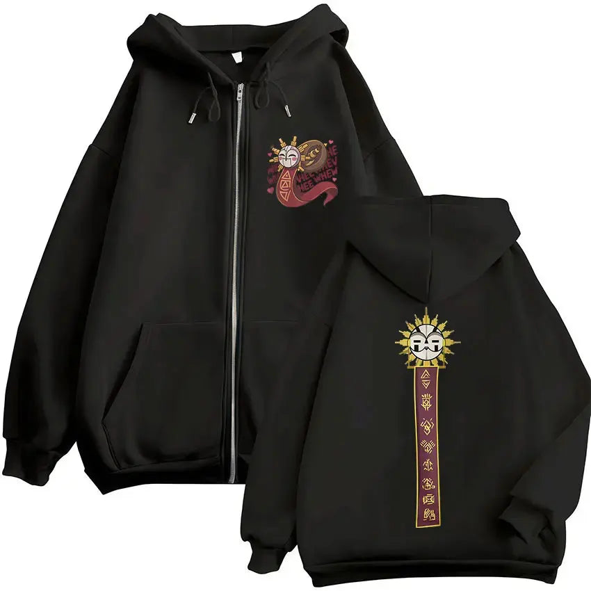 Black game esquie clair zip-up jacket hoody unisex with vibrant embroidered sun design and japanese text high quality fleece sweatshirt