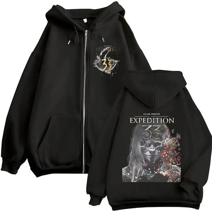 Black zip up jacket hoody unisex featuring game esquie clair obscur expedition graphic print high quality fleece sweatshirt