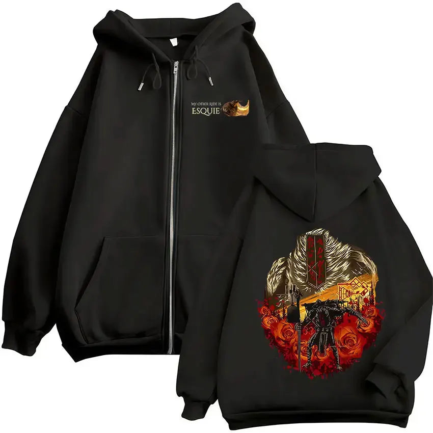 Black game esquie clair jacket hoody unisex with detailed sword rose graphic on back and emblem text sweatshirt high quality fleece