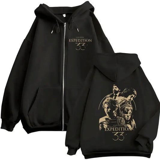 Black zip up game esquie clair jacket hoody unisex with gold expedition 33 graphic print high quality fleece sweatshirt