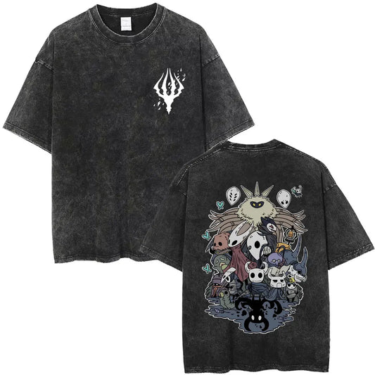 Black distressed cotton t-shirt with hollow knight print colorful back graphic unisex vintage oversized casual fashion
