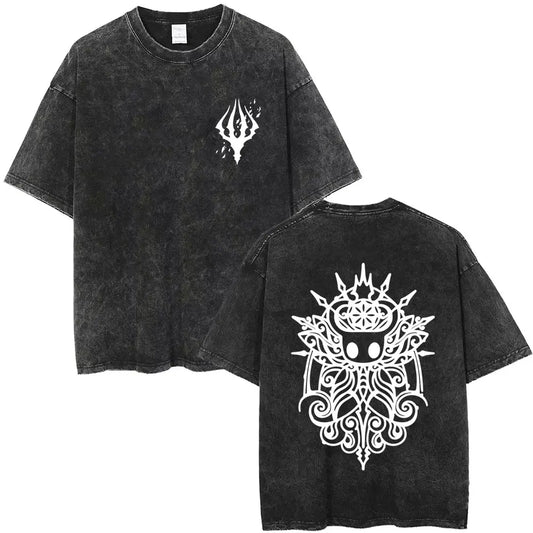 Black distressed cotton game hollow knight t-shirt with white intricate hollow knight print unisex vintage oversized design