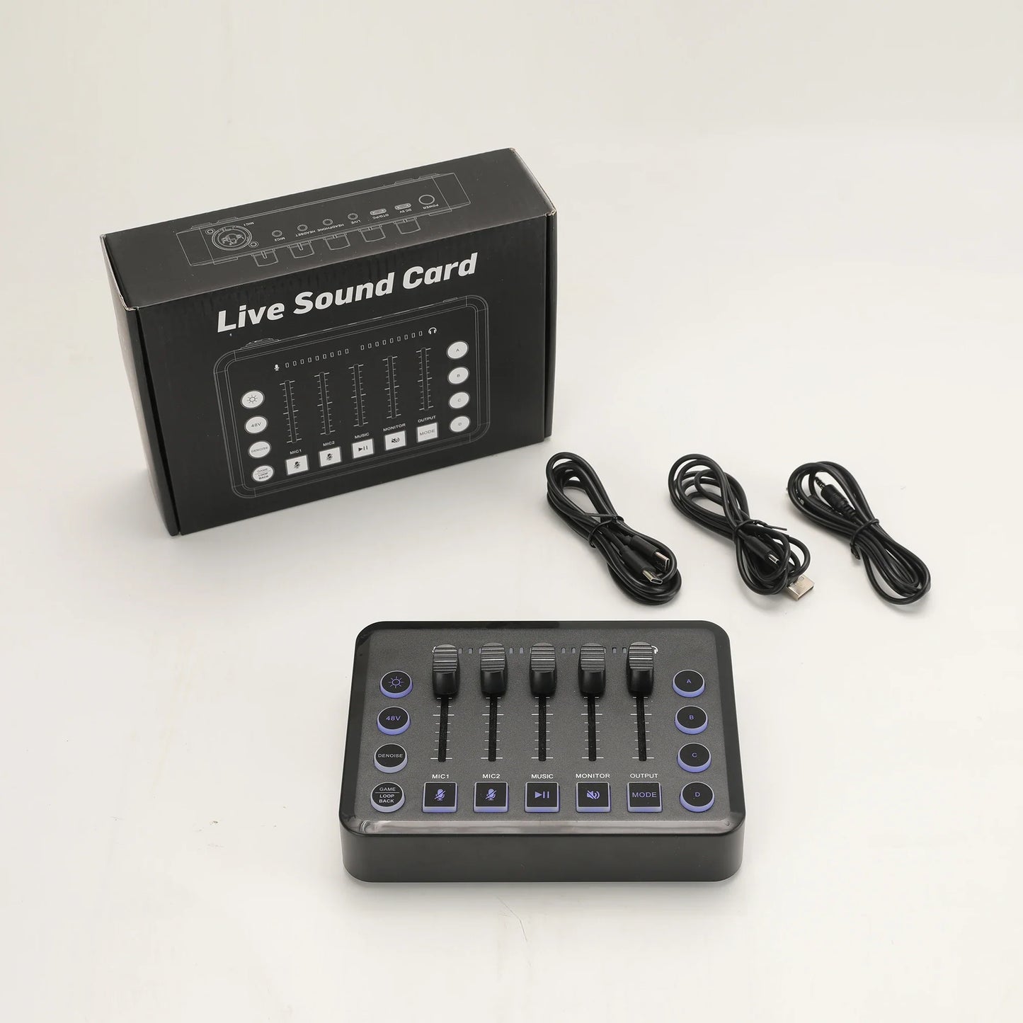 Black rectangular gaming audio mixer with four vertical faders, purple illuminated buttons, and matte finish for podcast recording