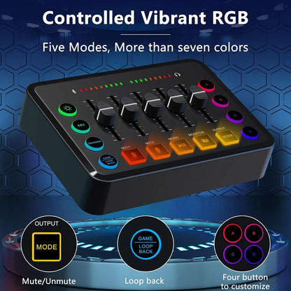 Black rectangular gaming audio mixer with vibrant rgb lighting, multiple control knobs, and labeled microphone and output ports
