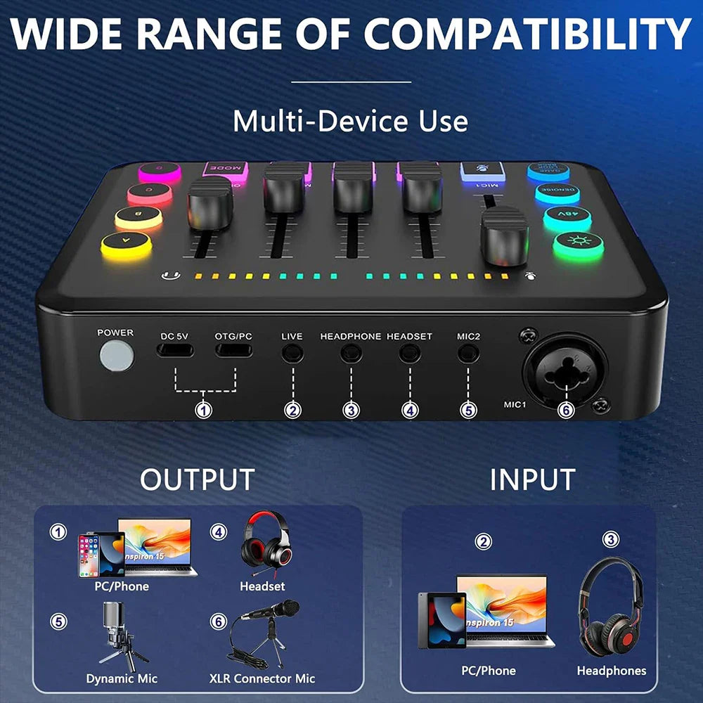 Black gaming audio mixer with rechargeable interface rgb buttons and xlr microphone input for podcast recording