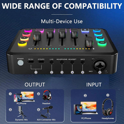 Black gaming audio mixer with rechargeable interface rgb buttons and xlr microphone input for podcast recording