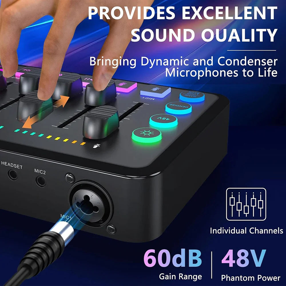 Black usb gaming audio mixer with colorful illuminated knobs and rechargeable rgb interface for dynamic mic recording