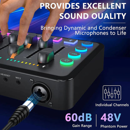 Black usb gaming audio mixer with colorful illuminated knobs and rechargeable rgb interface for dynamic mic recording