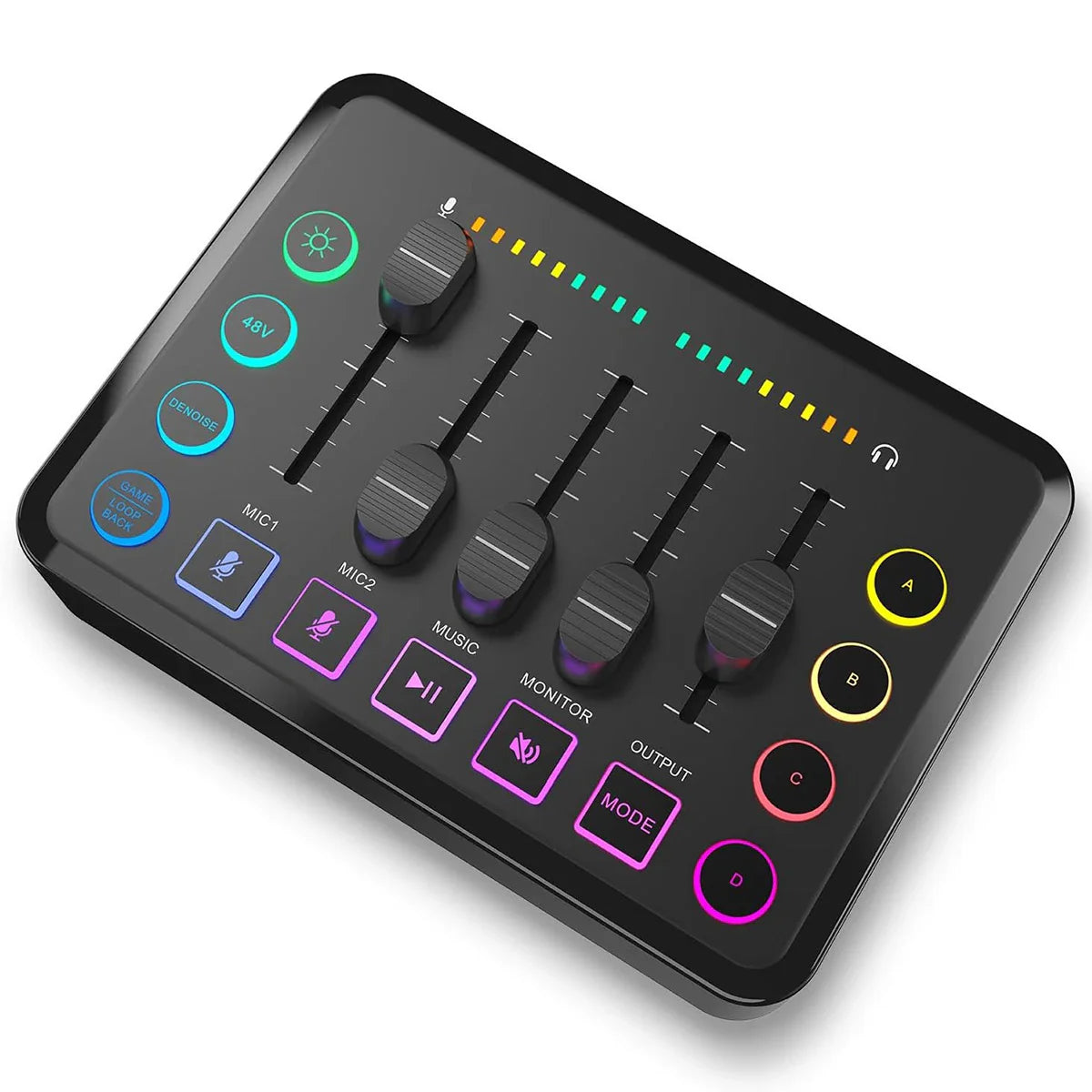Black rechargeable usb gaming audio mixer with four faders, rgb buttons, xlr input, and 48v phantom power for podcast recording
