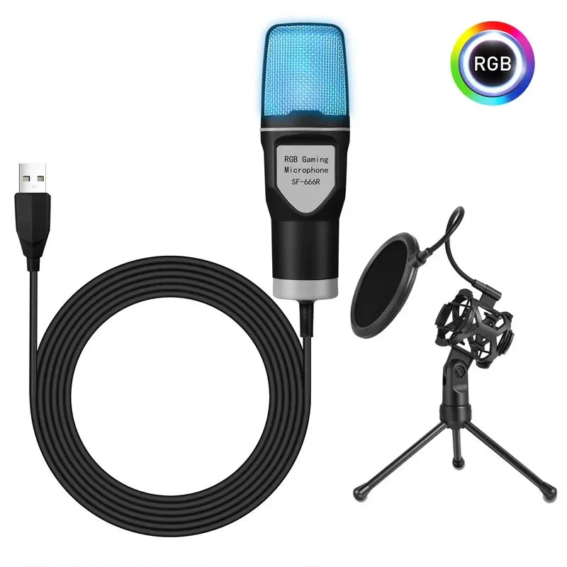 Blue-lit rgb professional condenser microphone sf-66r with black and silver body for live streaming podcast studio mike use
