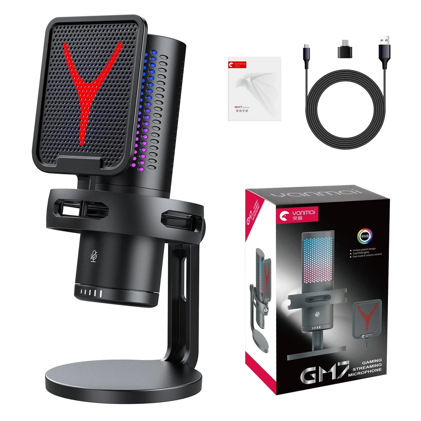 Black professional condenser microphone with red y logo and rgb lighting for live streaming podcast studio mike use