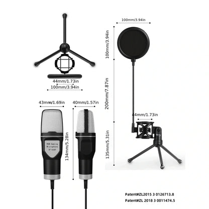 Black røde professional condenser microphone with silver mesh grille metallic accents tripod stand and pop filter for wired live streaming and podcast studio mike