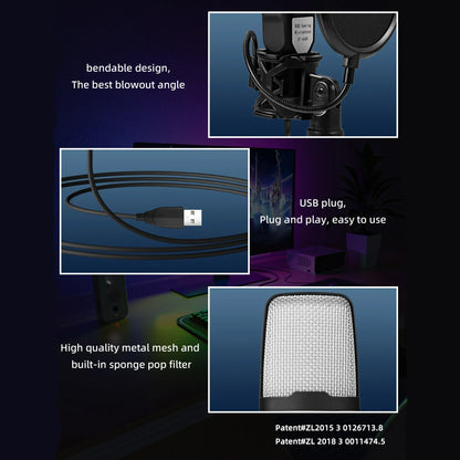 Black usb-powered professional condenser microphone with metal mesh grille and pop filter for live streaming podcast use
