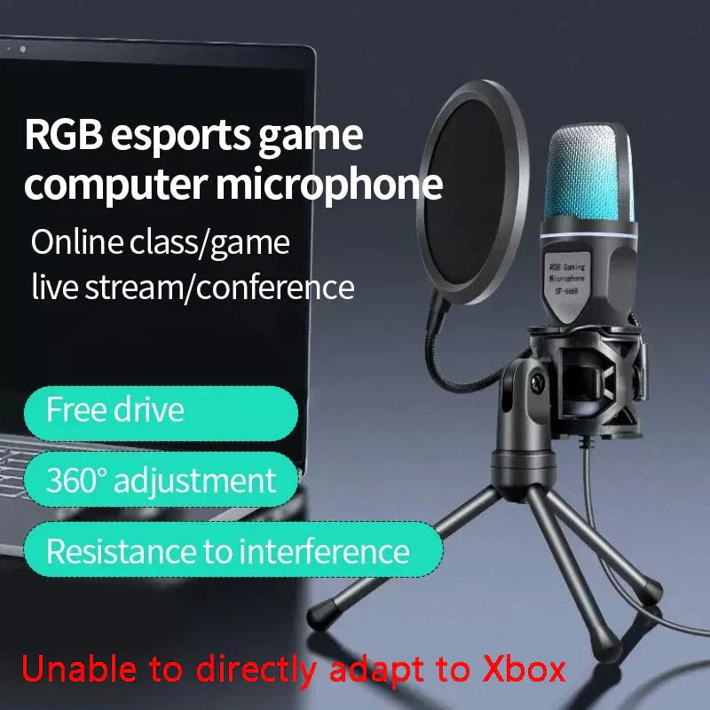 A sleek metallic gray professional condenser microphone with translucent blue mesh and pop filter for wired live streaming