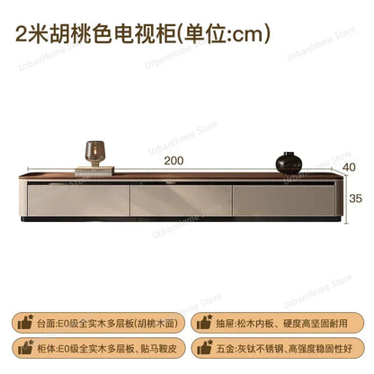 Modern 2-meter peach-colored tv console with three drawers and dark wood top for industrial modern entertainment setup