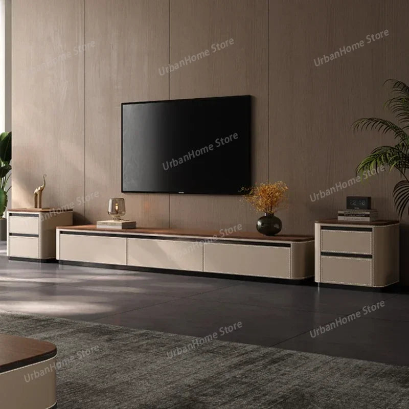 Modern beige and wood-toned media console with sleek minimalist design for nordic arredamento house and industrial modern entertainment