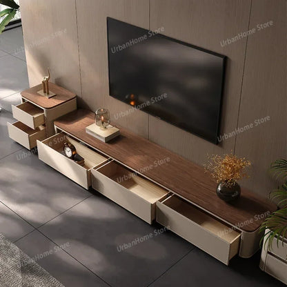 Modern minimalist tv console with two-tone light wood and cream drawers featuring integrated storage for nordic arredamento house