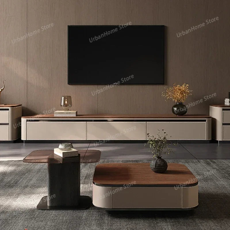 Modern rectangular coffee table with dark wood top and beige leather sides with stitched detailing for sofa set luxury and nordic arredamento house