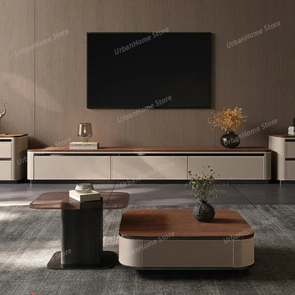 Modern rectangular coffee table with dark wood top and beige leather sides with stitched detailing for sofa set luxury and nordic arredamento house