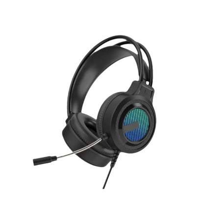 Black over-ear wired noise-cancelling gaming headset with stereo virtual surround and glowing blue green led light