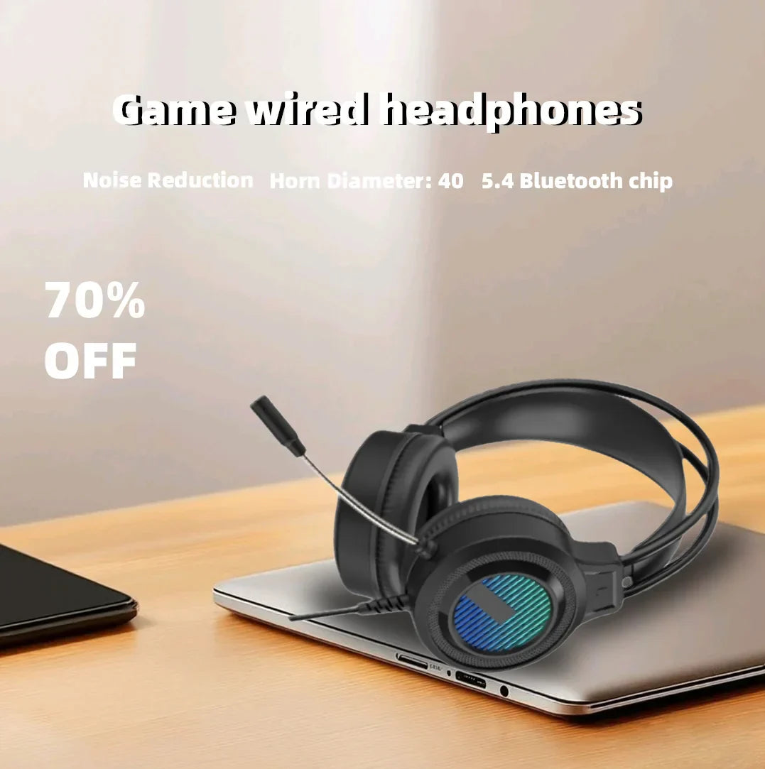 Black over-ear noise-cancelling gaming headset with stereo virtual surround bass and glowing led light on earcup with microphone