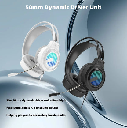 White and black noise-cancelling gaming headset with 50mm drivers and glowing blue and green accents for stereo virtual surround bass gaming