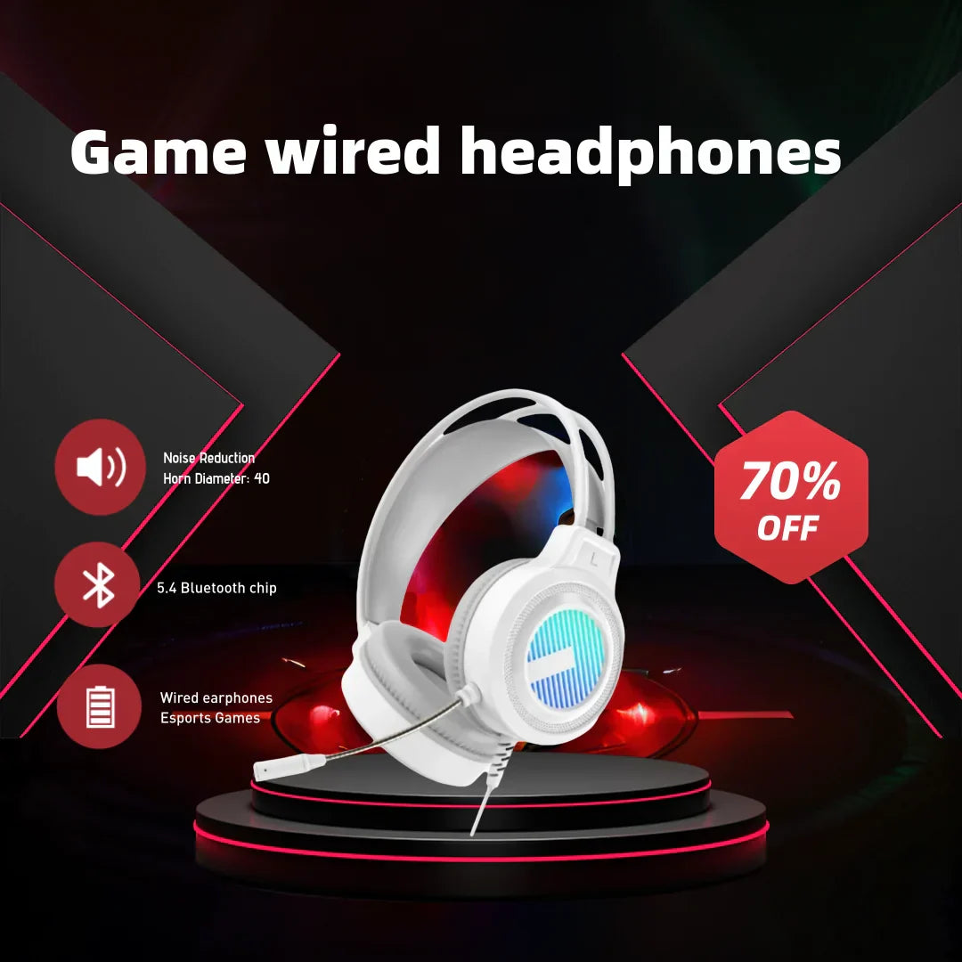 White wired gaming headset with glowing led earcups noise-cancelling gaming headset with stereo virtual surround bass