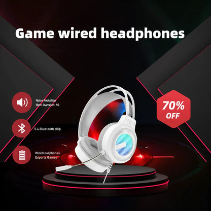 White wired gaming headset with glowing led earcups noise-cancelling gaming headset with stereo virtual surround bass