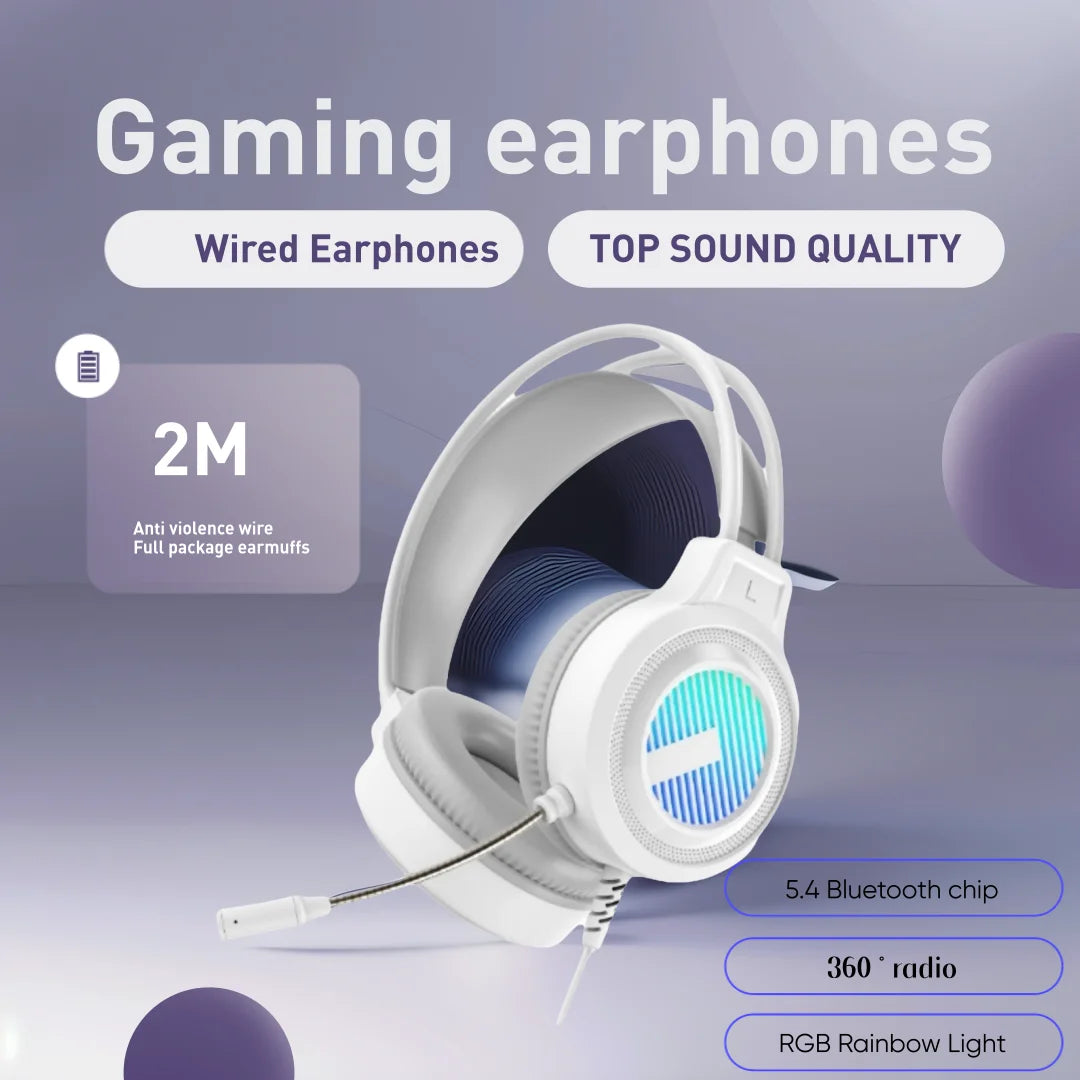 White wired noise-cancelling gaming headset with rgb lighting 5.4 bluetooth chip and stereo virtual surround bass
