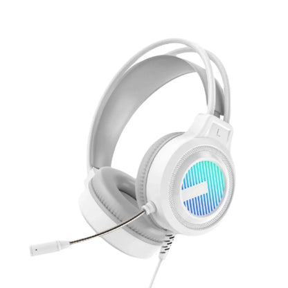 White noise-cancelling gaming headset with stereo virtual surround bass, glowing led, soft padding, and attached microphone