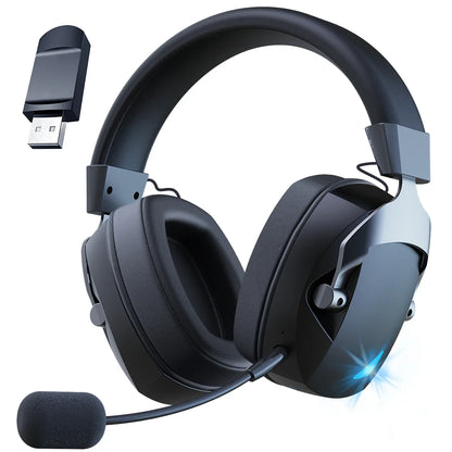 Black over-ear gaming headset with silver accents and blue led light featuring detachable noise cancelling microphone and stereo surround